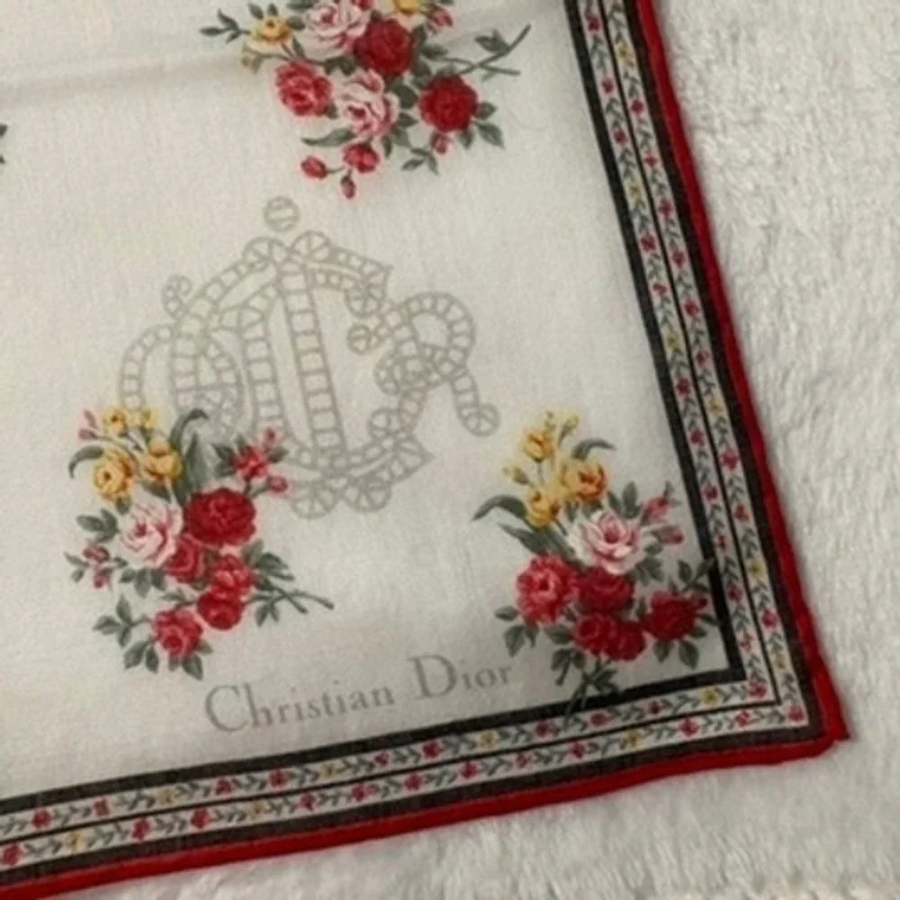 Vtg CHRISTIAN DIOR Scarf Handkerchief Floral Rose White Red 19